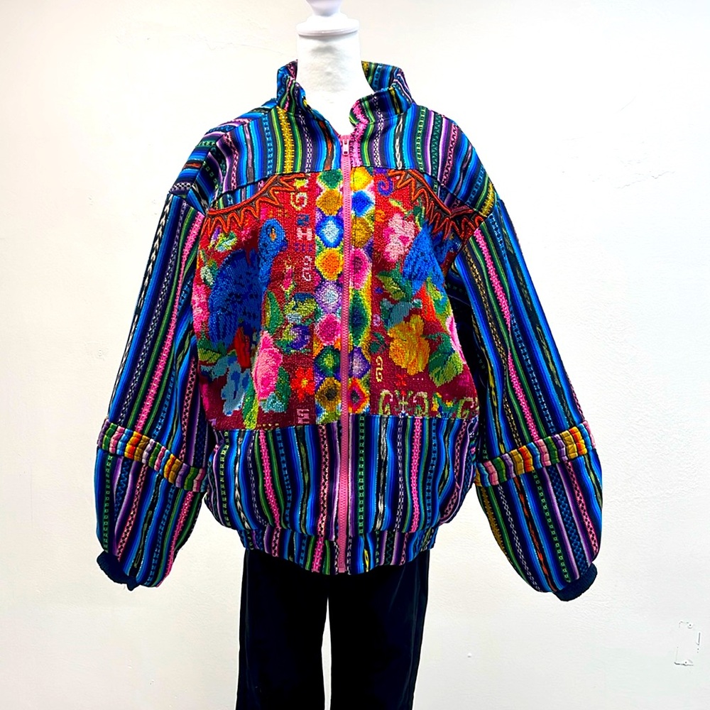 Vintage Guatemalan Embroidered Jacket - Parrots & Pink Zipper Detail - Size M